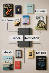 Flatlay of a notebook mapping out the book selection strategy and genres.